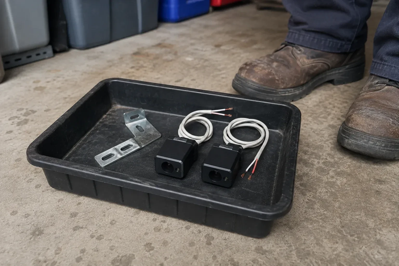 Two detached black sensors with recessed lenses and coiled wires lie in a tray beside a mounting bracket. — Photo-Eye Sensor Alignment or Replacement, Hamilton