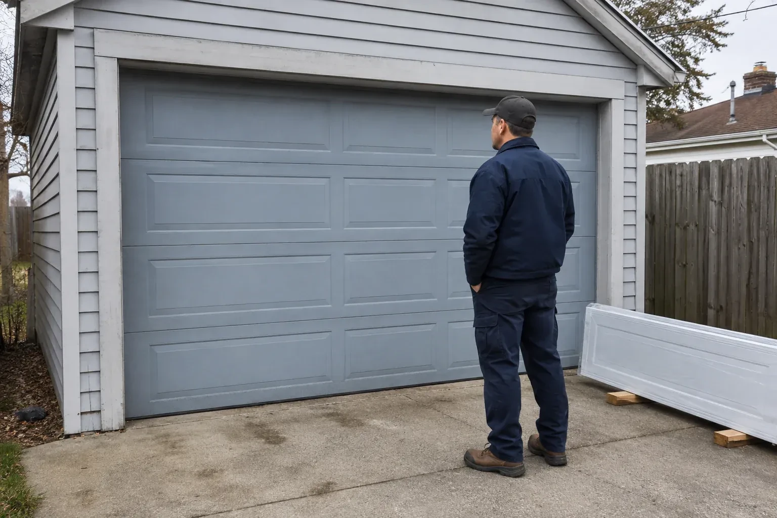 A person examines a blue-grey sectional garage door with a packaged door panel resting beside the driveway. — Sectional Garage Door Replacement, Hamilton