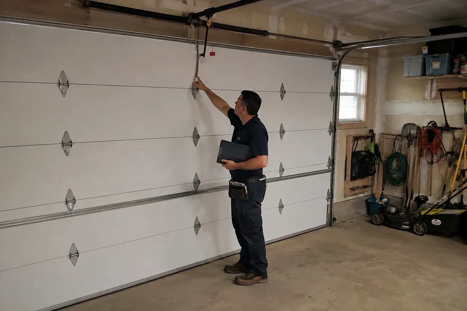 A person holding a clipboard examines the interior hardware of a closed garage door. — Garage Door Tune-Up, Hamilton