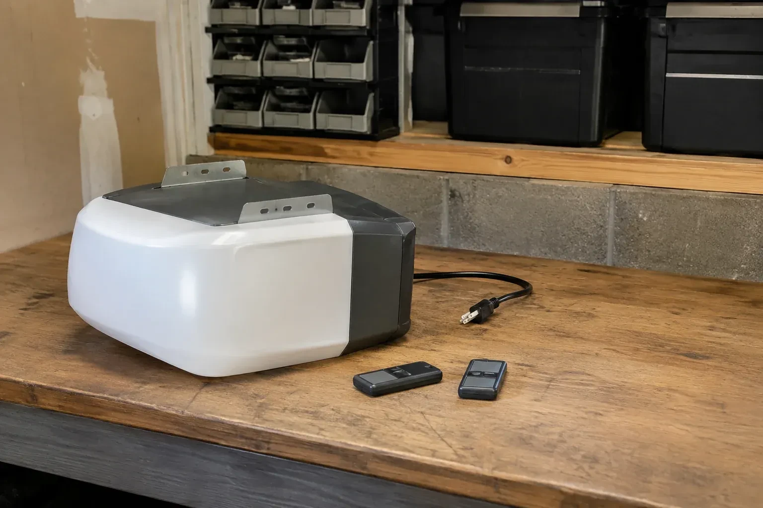 Detached opener housing and two remotes on a garage bench. — Garage Door Opener Replacement, Hamilton