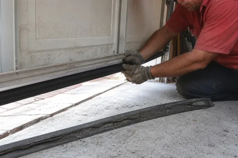 Person fitting a black strip along the bottom edge of a partly raised garage door, with a cracked strip lying on the floor. — Garage Door Bottom Seal Replacement, Hamilton