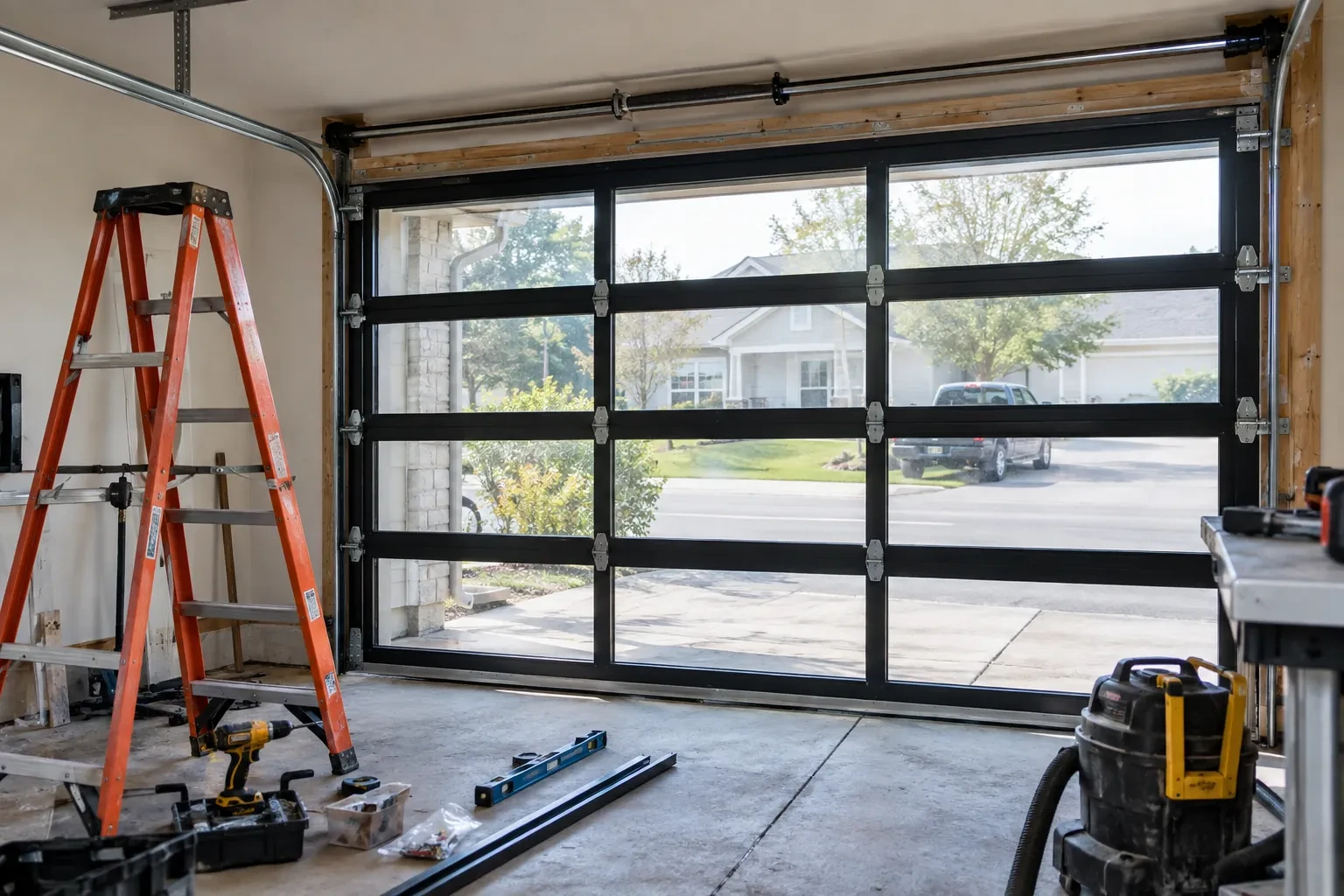 Full-glass garage door with black frames, an orange stepladder, a level, a drill and a shop vacuum on the concrete floor.