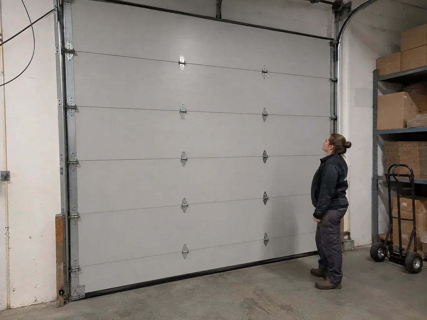 A person looks at a tall closed sectional door with broad panels, hinges and side tracks in a warehouse. — Commercial Sectional Door Repair, Hamilton