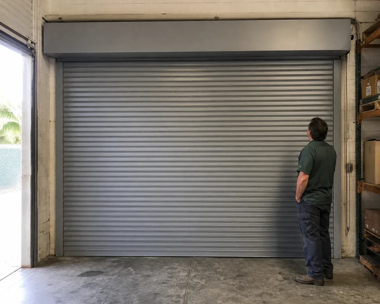 A person examines a closed metal rolling door with narrow horizontal slats, side guides and an overhead hood in a warehouse. — Commercial Rolling Door Repair, Hamilton