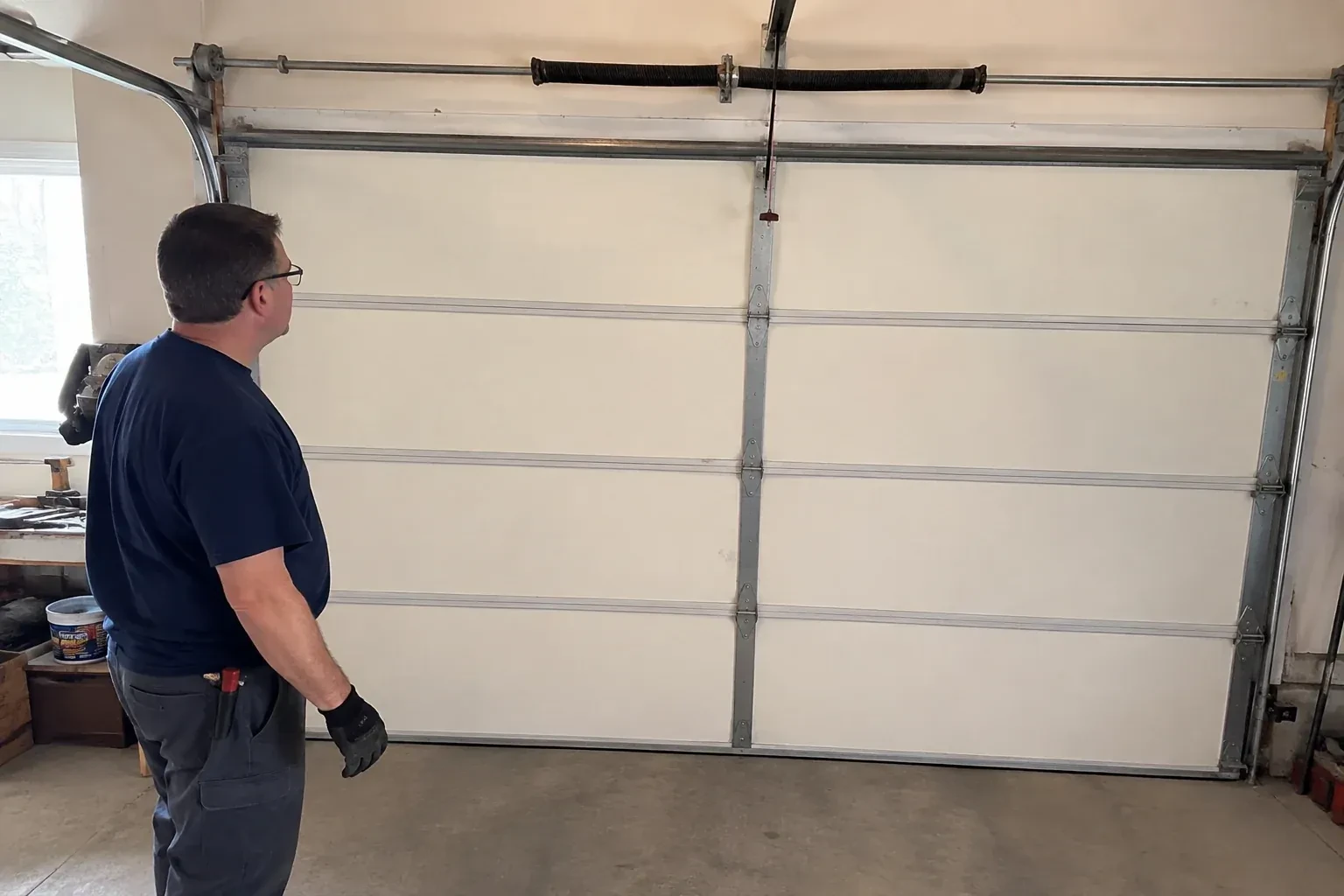 Person in a dark shirt standing before a closed cream sectional door, looking up at a coiled spring and red-tipped cord. — Off-Track Garage Door Reset, Hamilton