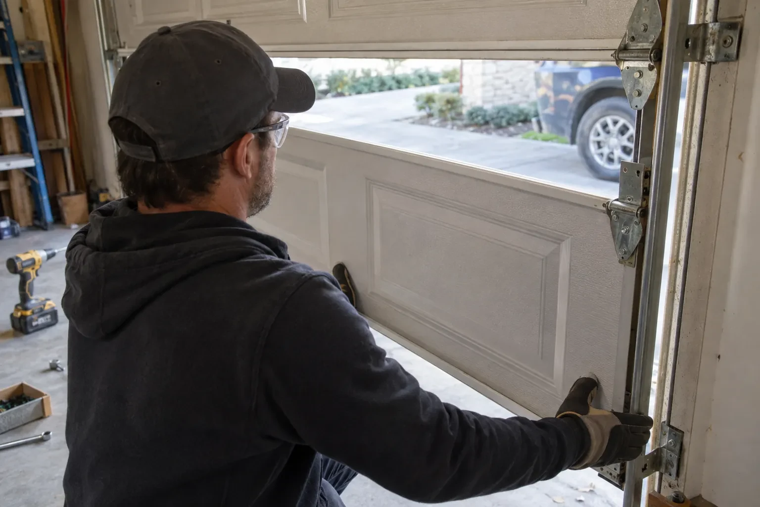 Technician in a cap and safety glasses fitting a paneled garage-door section against the track hinges, with a drill on the floor.