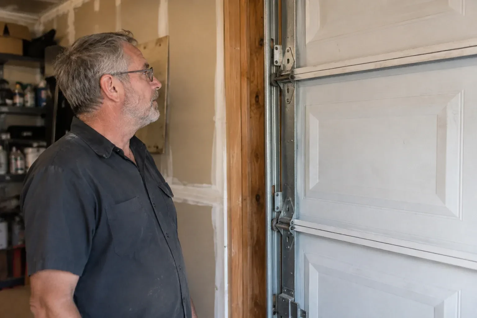 Technician looking at vertical garage door track and edge hinges. — Garage Door Track Repair or Replacement, Hamilton