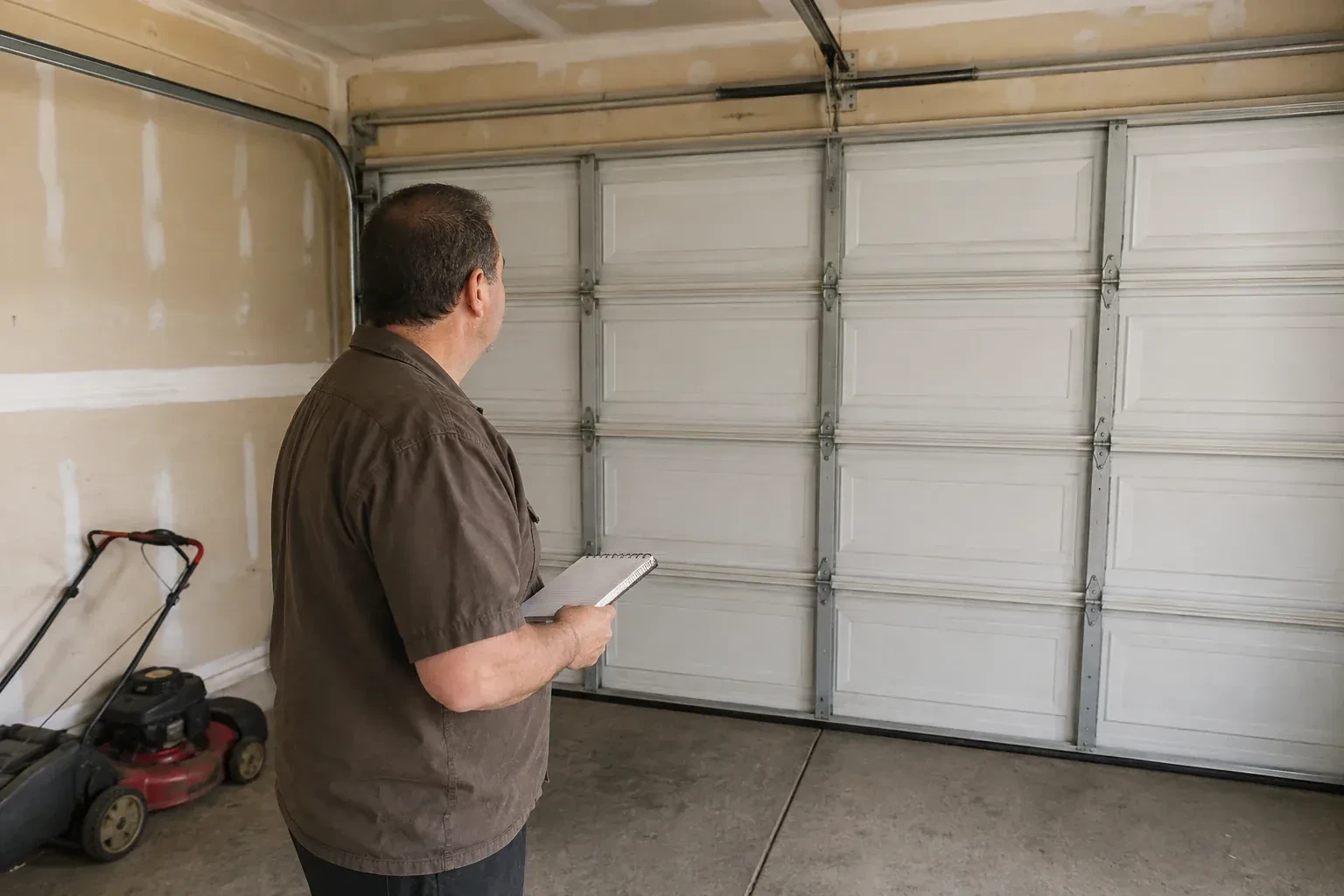 Technician holding a notebook while looking at a closed sectional door. — Garage Door Balance Adjustment, Hamilton