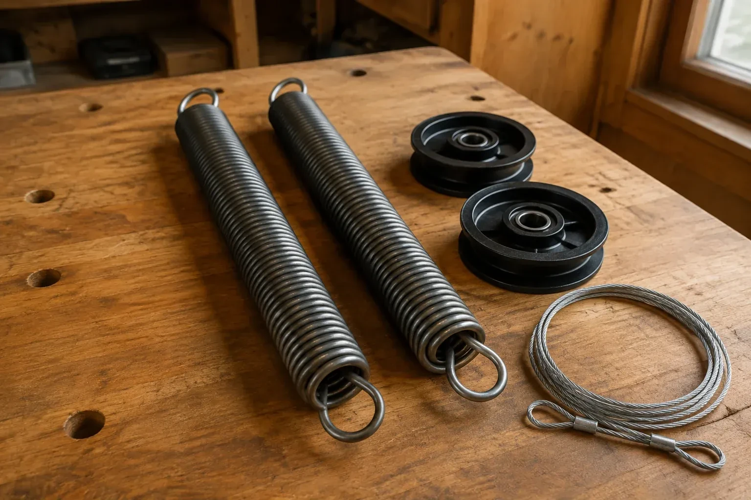 Two coiled extension springs with looped ends, two black pulleys and a loop of steel cable on a worn wooden workbench. — Extension Spring Replacement, Hamilton