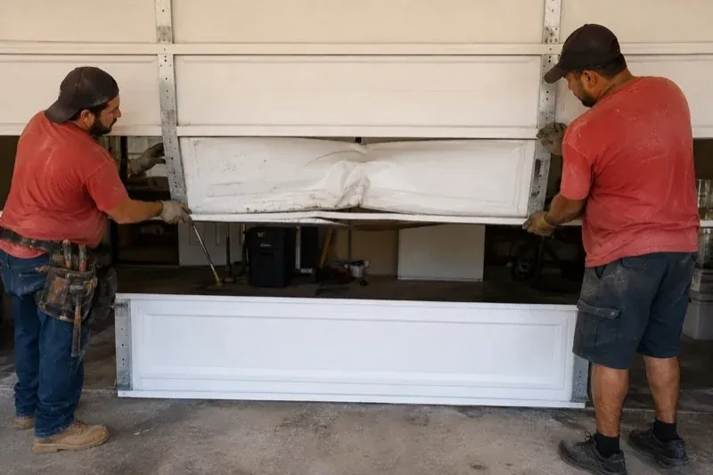 Two people holding a dented lower garage-door section above a separate white panel resting on the ground. — Garage Door Panel Replacement, Hamilton
